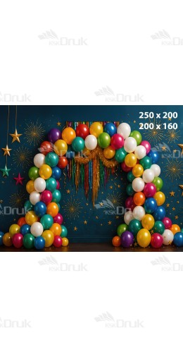 Tło karnawałowe z kolorową bramą balonową i złotymi gwiazdkami | K_174